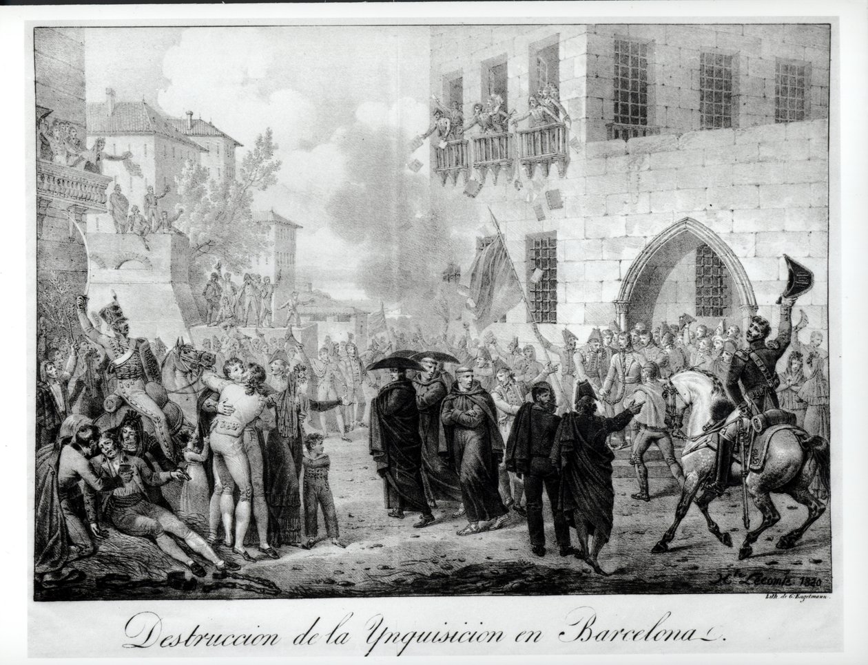 تدمير محاكم التفتيش في برشلونة ، ١٠ مارس ١٨٢٠ ، محفور من قبل جودفروي إنجلمان (1788-1839) بواسطة هيبوليت ليكومت