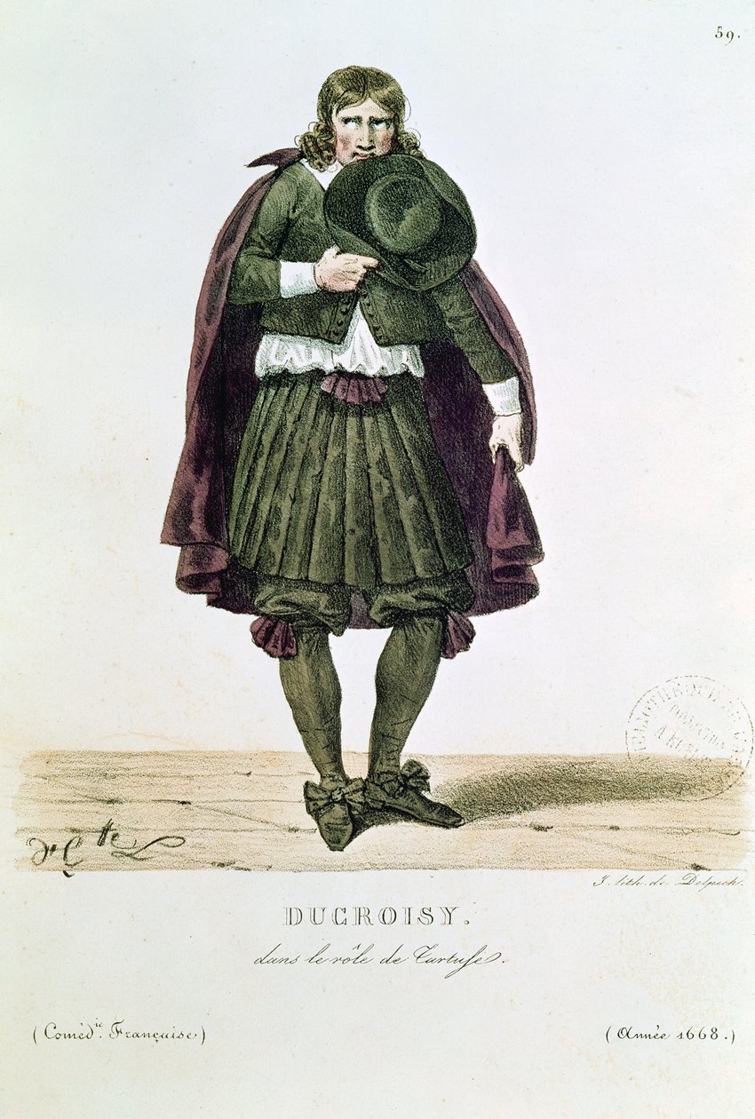 Ducroisy في دور Tartuffe في عام 1668 ، من `` Costumes de Theatre de 1600 a 1820 &39;&39; بواسطة L. Lecomte ، منقوش من قبل فرانسوا سيرافين ديلبك (1778-1825) بواسطة هيبوليت ليكومت