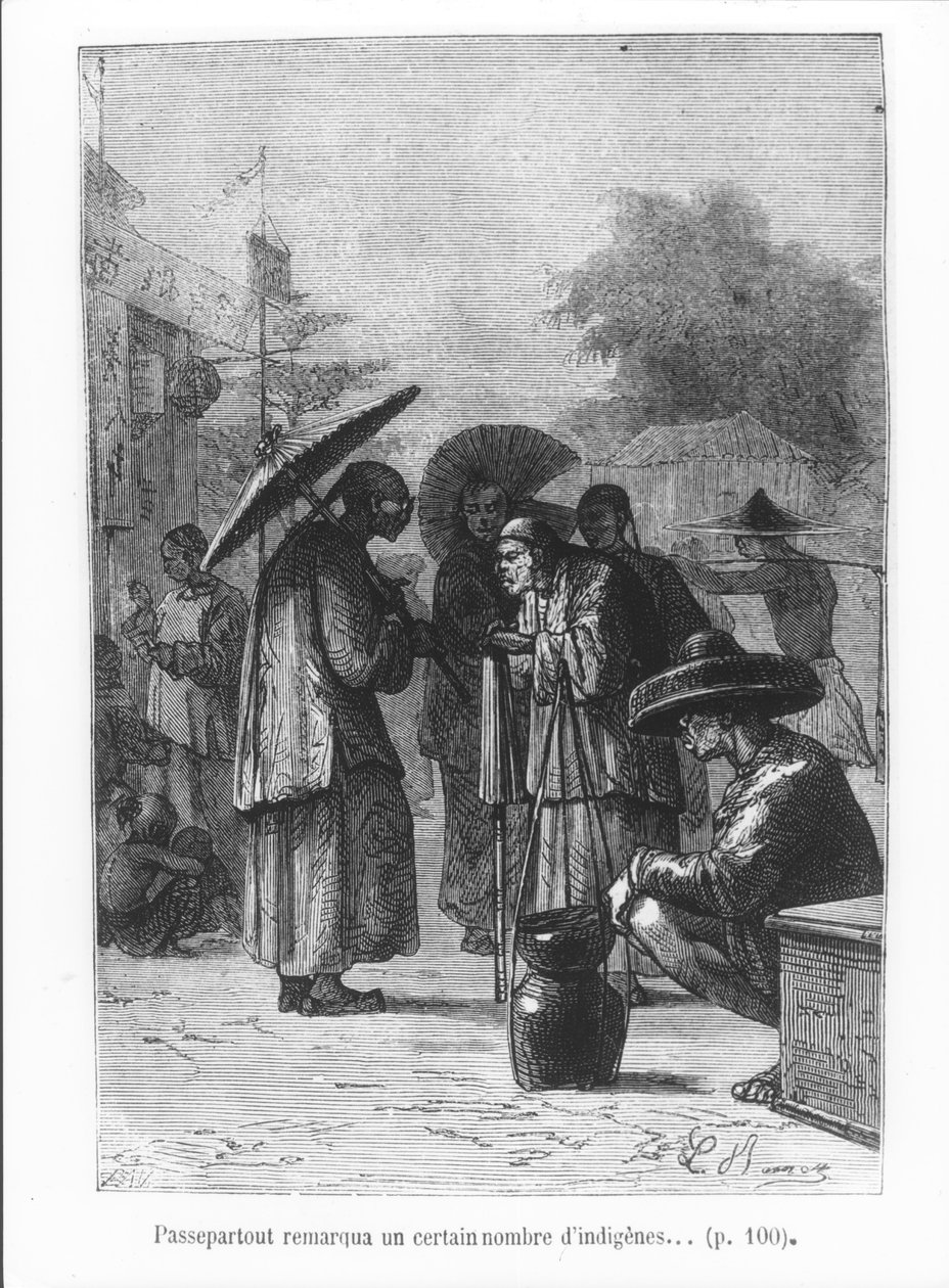 يلاحظ Passepartout عددًا من السكان الأصليين ، رسم توضيحي من "حول العالم في ثمانين يومًا" لجول فيرن (1828-1905) منقوش بواسطة Pan ، 1873 بواسطة هيبوليت ليون بينيت