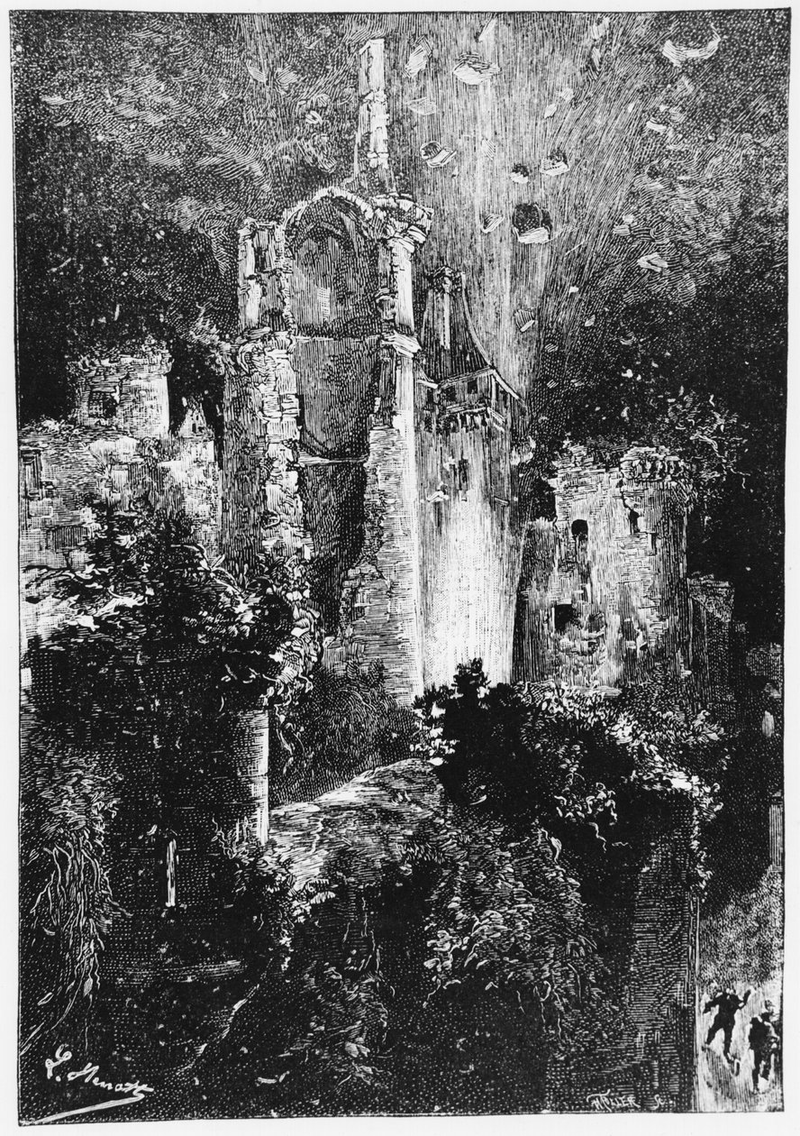 The Castle Exploding ، توضيح من "Le Chateau des Carpathes" بقلم جول فيرن (1828-1905) باريس ، هتزل ، 1892 بواسطة هيبوليت ليون بينيت