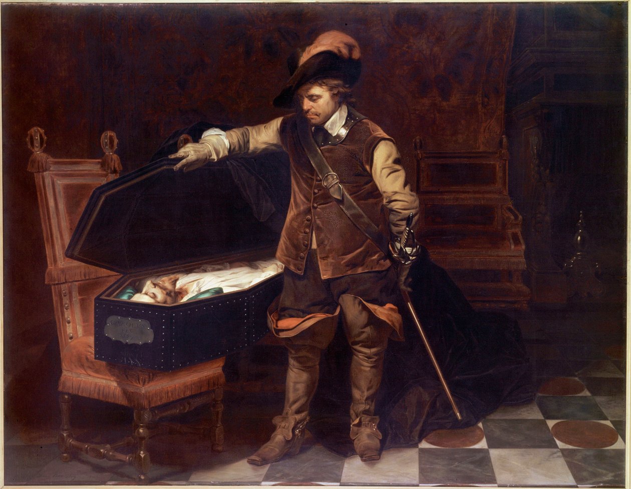 "" أوليفر كرومويل أمام نعش تشارلز الأول ستيوارت "(1649). أوليفر كرومويل (1599-1658) يفرض محاكمة ملك إنجلترا الذي سيتم إدانته وقطع رأسه في 9 فبراير 1649. لوحة بول ديلاروش (1797-1856) بواسطة هيبوليت ديلاروش
