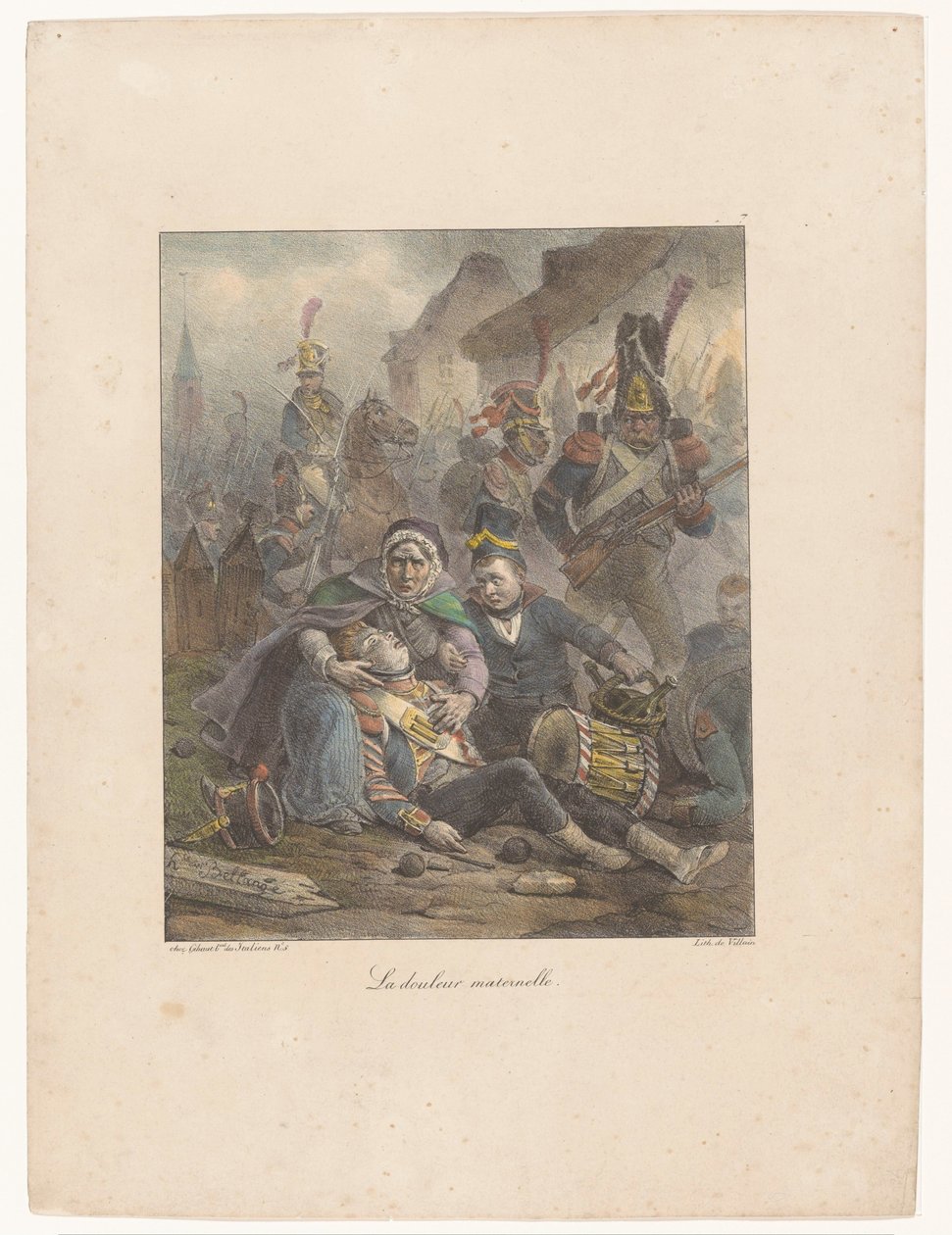 الأم حزينة على ابنها المصاب بجروح قاتلة في ساحة المعركة La douleur maternelle (العنوان على الكائن) اسكتشات ليثوغرافية (عنوان السلسلة) مطبوعات كروكيز الحجرية (عنوان السلسلة) بواسطة هيبوليت بيلانج