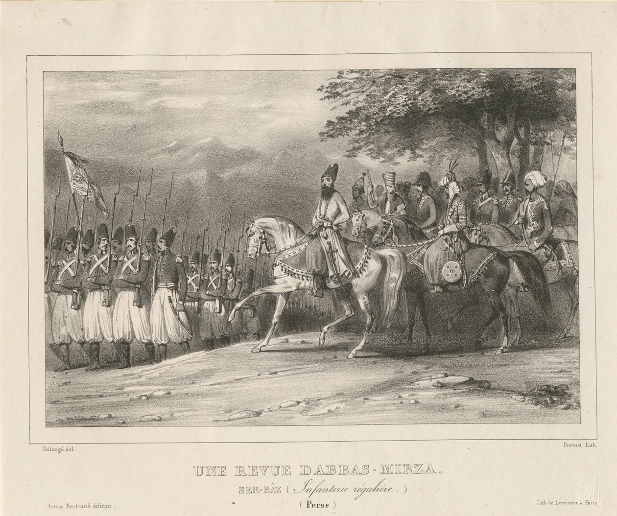 الأمير المشير عباس ميرزا 1789-1833 يتفقد فوج المشاة 1835 بواسطة هيبوليت بيلانج