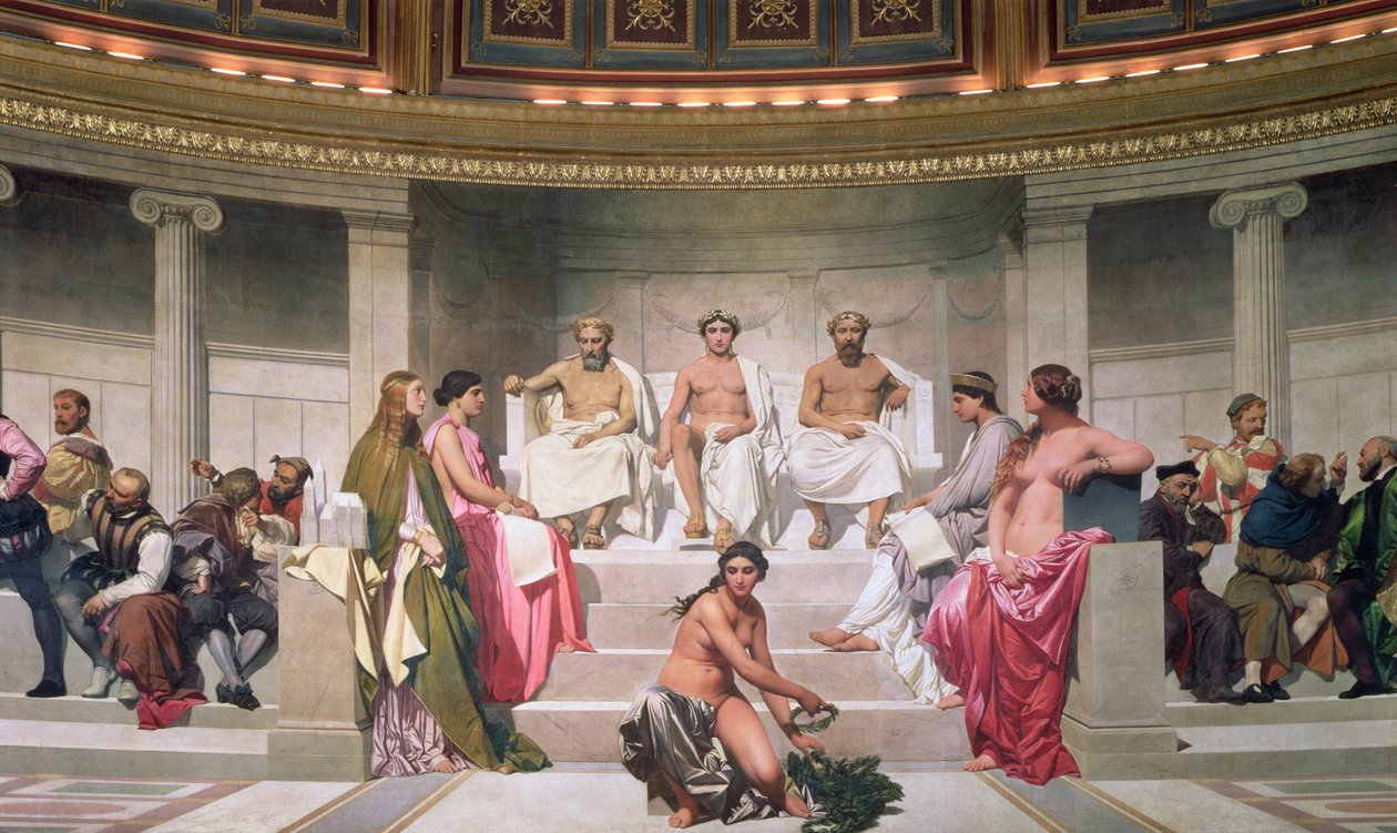 Hemicycle: فنانين من جميع الأعمار ، تفاصيل Ictinus و Apelles و Phidias ، 1836-41 فريسكو انظر أيضًا 83553 و 83555 بواسطة هيبوليت ديلاروش