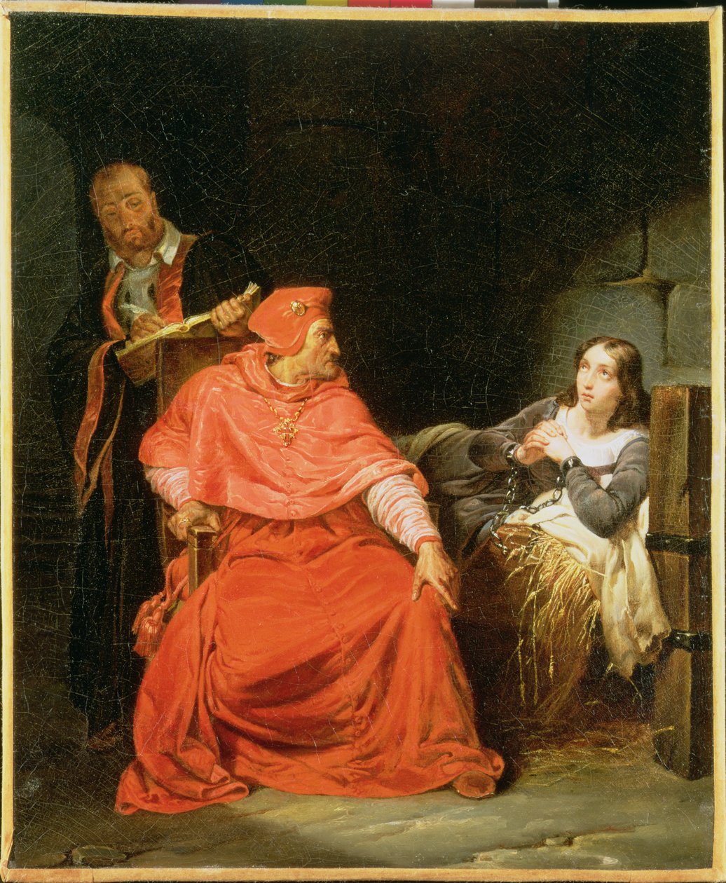 جان دارك (1412-31) تم استجوابه من قبل الكاردينال وينشستر ، c.1824 بواسطة هيبوليت ديلاروش