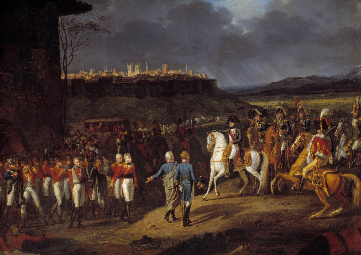 Campaign of Spain: “” Emperor Napoleon I was introduced in Astorga, Spain, English prisoners and ordered them to be treated with special care, January 1809” Detail. Painting by Hippolyte Lecomte (1781-1857) 1810 Sun. 1,13x1,52 m بواسطة هيبوليت ليكومت