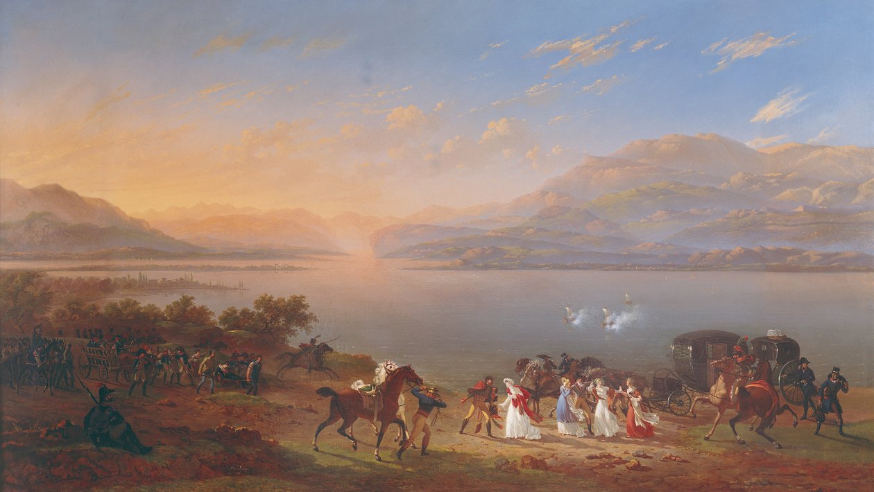 وصول الإمبراطورة جوزفين (1763-1814) لزيارة نابليون (1769-1821) في إيطاليا على ضفاف بحيرة غاردا بواسطة هيبوليت ليكومت