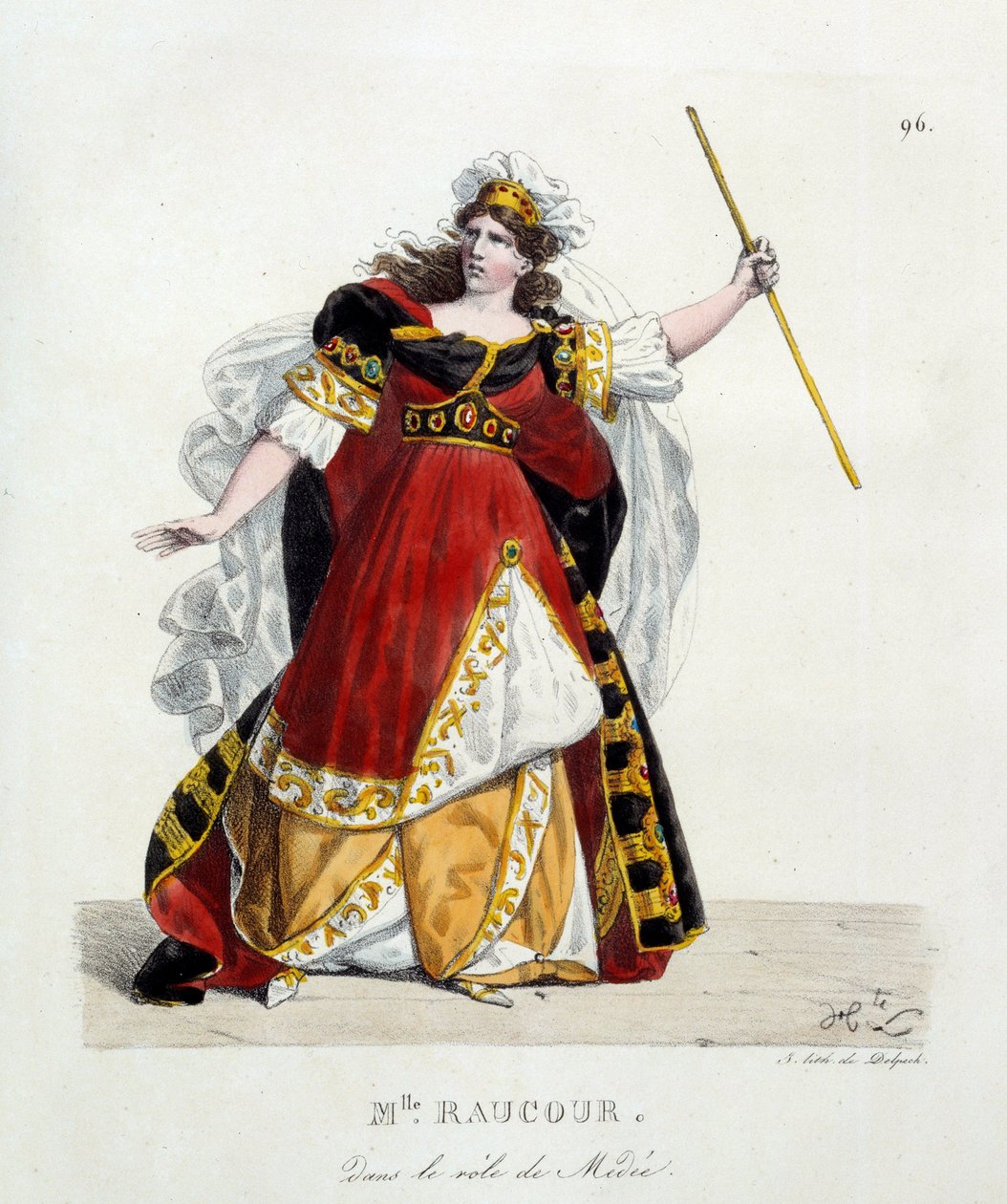 الممثلة الفرنسية مادموزيل راوكورت (توفت عام 1815) في دور ميدي في الكوميديا الفرنسية. الطباعة الحجرية بواسطة Hippolyte Lecomte (1781-1857) بواسطة هيبوليت ليكومت