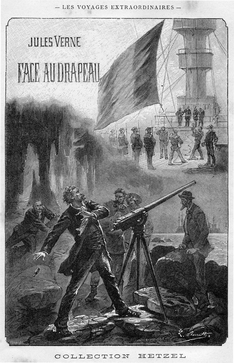 رسم توضيحي لكتاب "Face au Drapeau" لجول فيرن ، طبعة هيتزل في المقدمة - Les voyages extraordinary 1896 (نقش) بواسطة هيبوليت ليون بينيت
