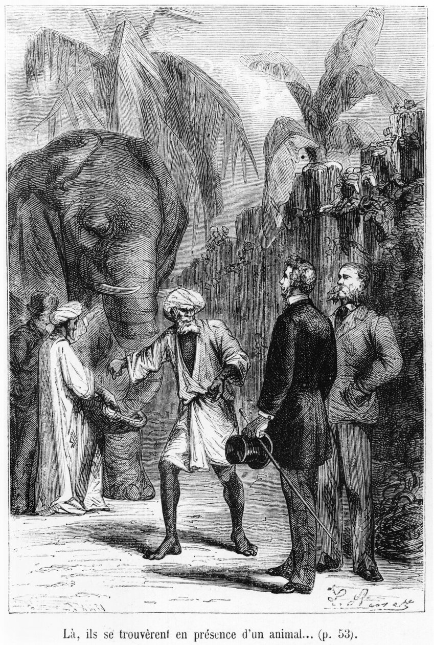 Phileas Fogg أمام فيل ، رسم توضيحي من "حول العالم في ثمانين يومًا" لجول فيرن (1828-1905) أواخر القرن التاسع عشر بواسطة هيبوليت ليون بينيت