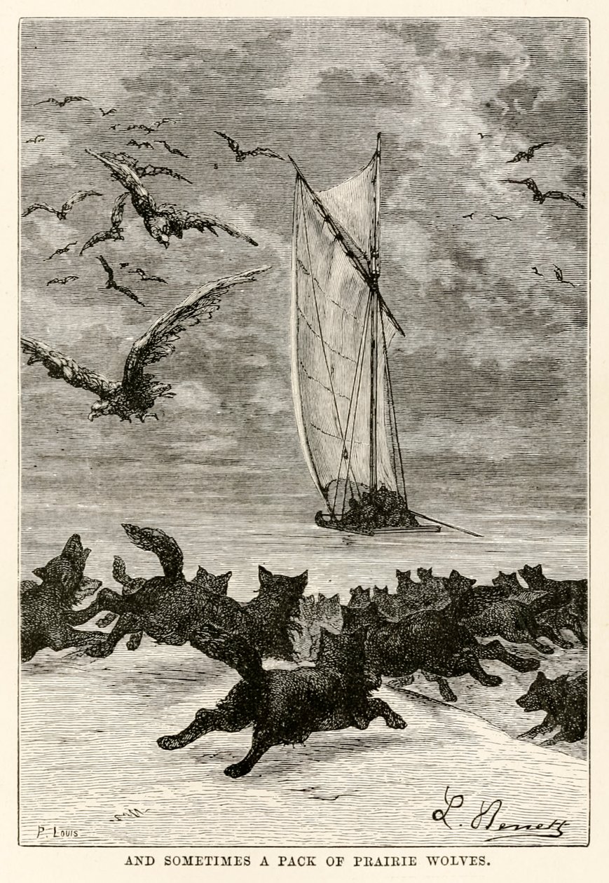 وأحيانًا مجموعة من ذئاب البراري ، من حول العالم في ثمانين يومًا بقلم جول فيرن (1828-1905) نقشها لويس ، 1873 بواسطة هيبوليت ليون بعد بينيت