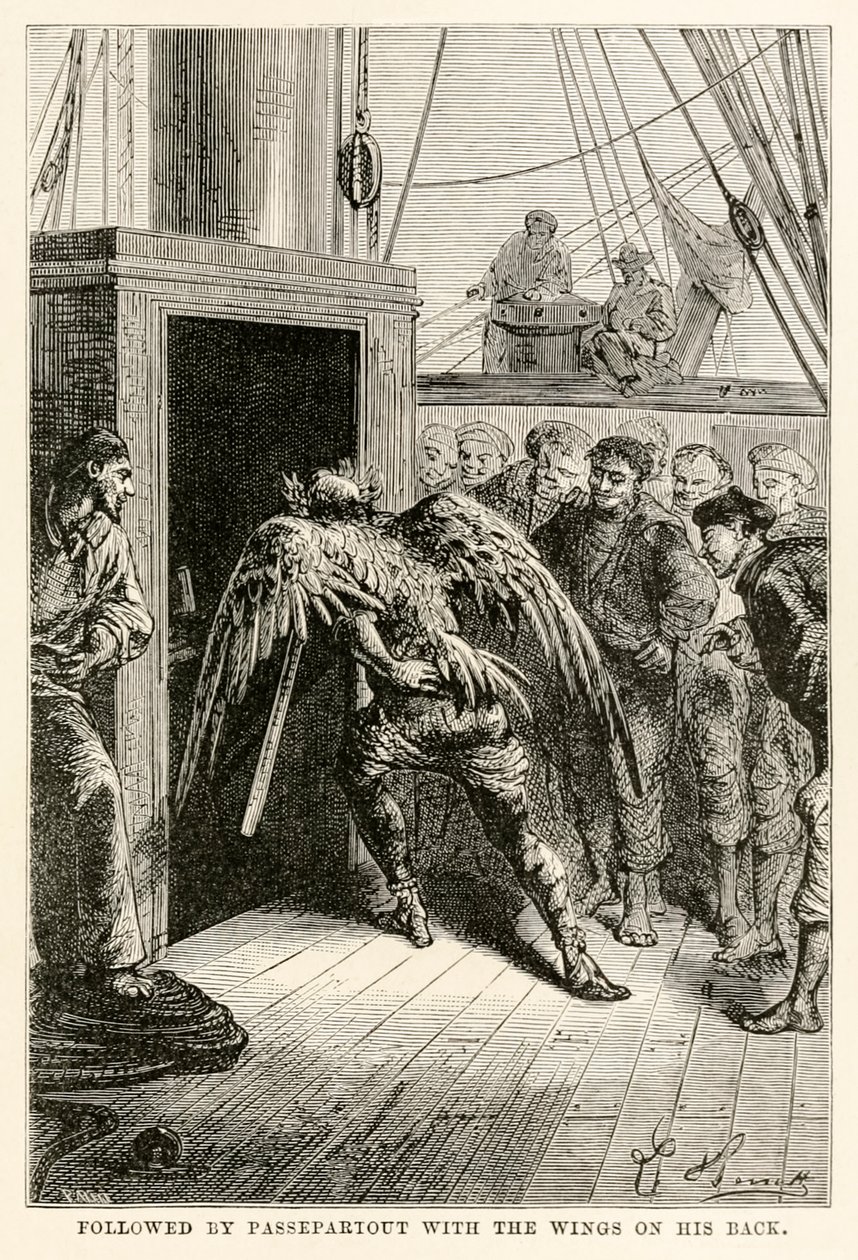 يليه Passepartout مع الأجنحة على ظهره ، من جميع أنحاء العالم في ثمانين يومًا بواسطة Jules Verne (1828-1905) ، منقوش بواسطة Adolphe François Pannemaker (1822-1900) ، 1873 بواسطة هيبوليت ليون بعد بينيت