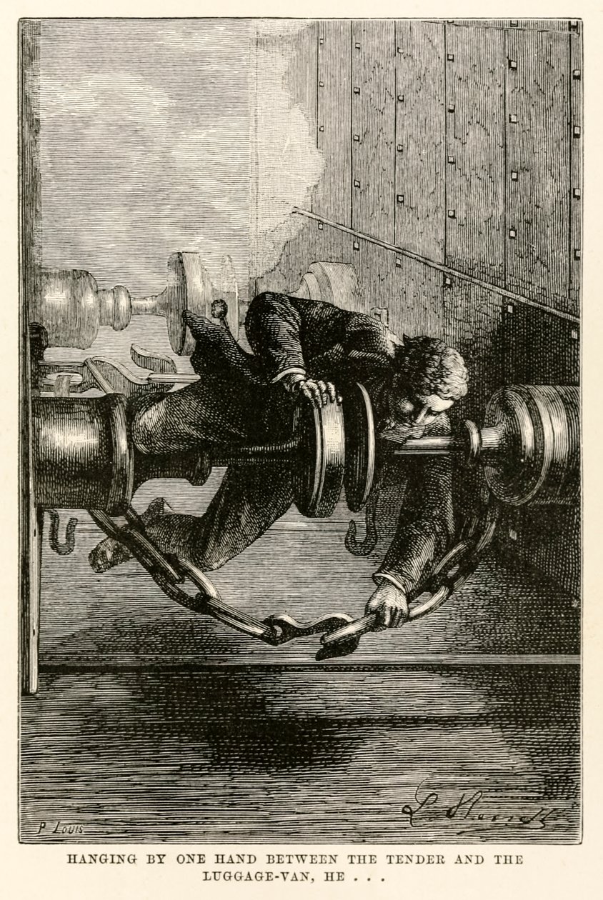 معلقة بيد واحدة بين العطاء وعربة الأمتعة ، ... من حول العالم في ثمانين يومًا لجول فيرن (1828-1905) منقوش بواسطة لويس ، 1873 بواسطة هيبوليت ليون بعد بينيت