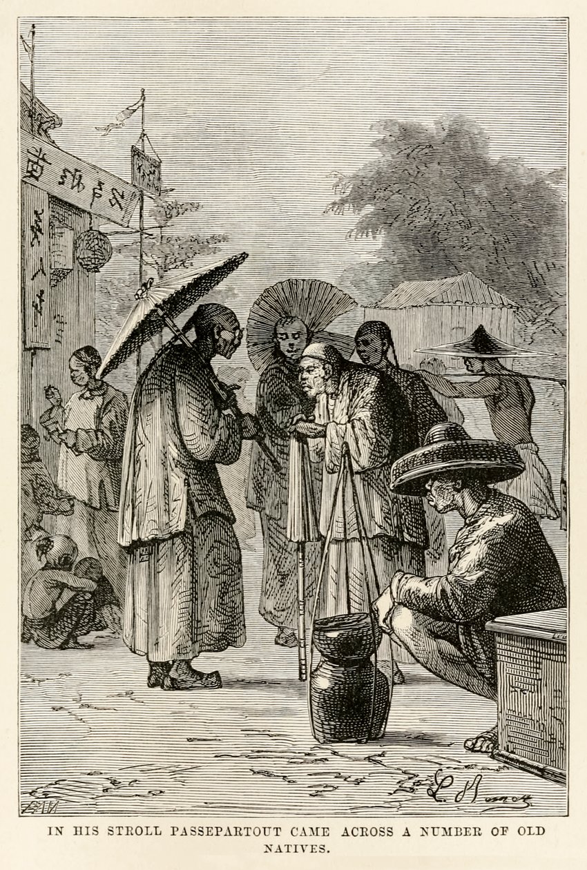 جاء باسيبارتوت في نزهة عبر عدد من السكان القدامى ، من حول العالم في ثمانين يومًا بقلم جول فيرن (1828-1905) ، منقوش بواسطة أدولف فرانسوا بانيميكر (1822-1900) ، 1873 بواسطة هيبوليت ليون بعد بينيت