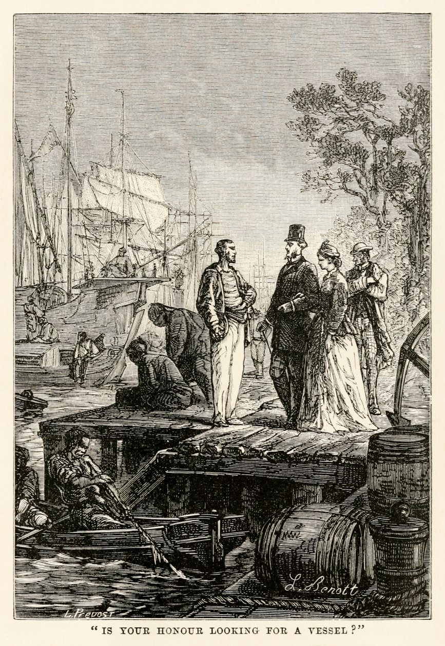 هل شرفك يبحث عن سفينة ؟، من جميع أنحاء العالم في ثمانين يومًا بقلم جول فيرن (1828-1905) ، نقشها لويس بريفوست ، 1873 بواسطة هيبوليت ليون بعد بينيت