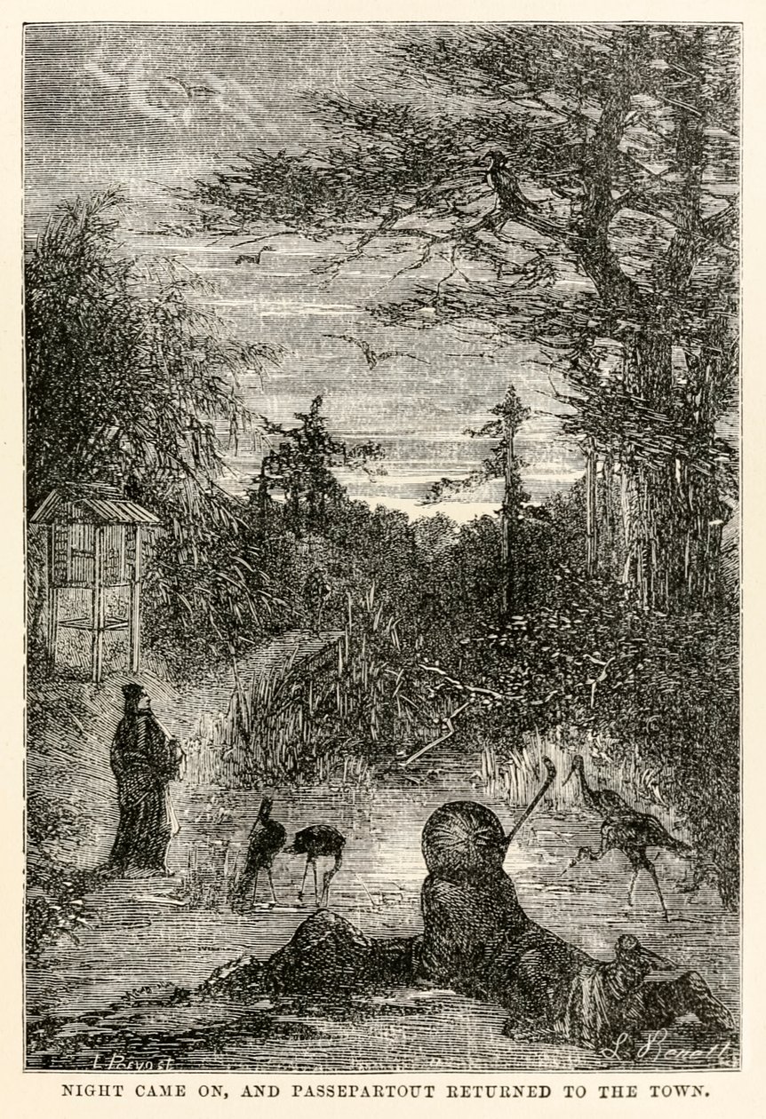 جاء الليل ، وعاد باسيبارتوت إلى المدينة ، من حول العالم في ثمانين يومًا بقلم جول فيرن (1828-1905) ، منقوش بواسطة لويس بريفوست ، 1873 بواسطة هيبوليت ليون بعد بينيت
