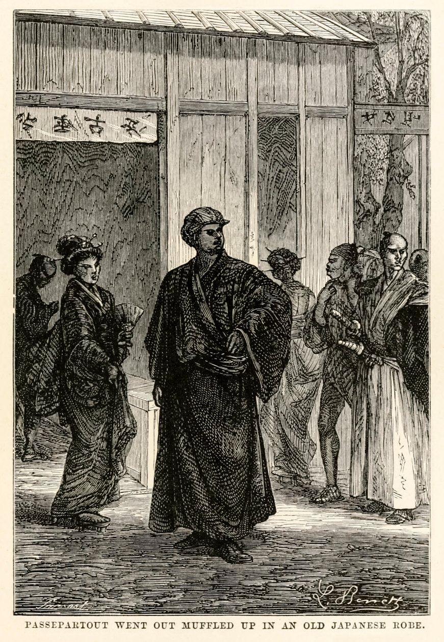 ذهب Passepartout مكتومًا في رداء ياباني قديم ، من Around the World in Eighty Days بواسطة Jules Verne (1828-1905) ، منقوش بواسطة Louis Prevost ، 1873 بواسطة هيبوليت ليون بعد بينيت