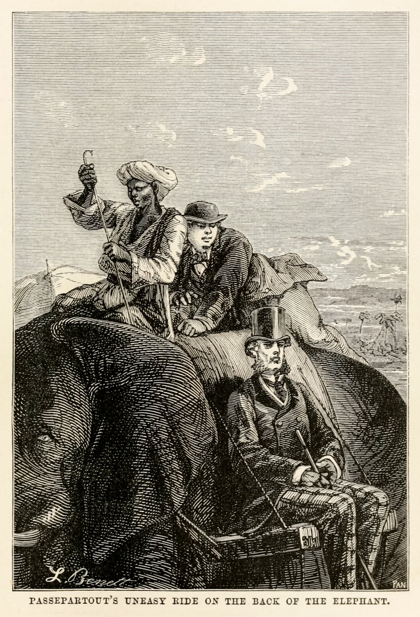 ركوب باسيبارتوتز غير المستقر على ظهر الفيل ، من حول العالم في ثمانين يومًا بواسطة جول فيرن (1828-1905) الذي انغمس فيه أدولف فرانسوا بانيميكر (1822-1900) 1873 بواسطة هيبوليت ليون بعد بينيت