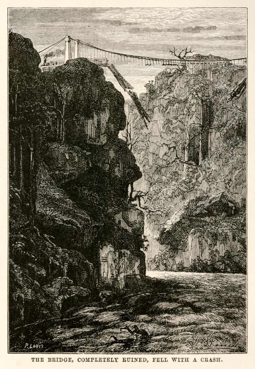 الجسر ، المدمر بالكامل ، سقط مع تحطم ، من حول العالم في ثمانين يومًا بواسطة جول فيرن (1828-1905) منقوش بواسطة لويس ، 1873 بواسطة هيبوليت ليون بعد بينيت