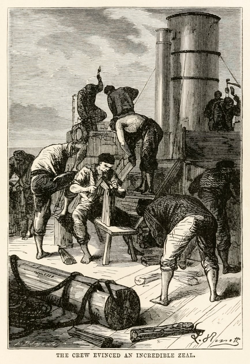 أظهر الطاقم حماسة لا تصدق ، من حول العالم في ثمانين يومًا بواسطة جول فيرن (1828-1905) نقشها لويس دومون (م 1822) ، 1873 بواسطة هيبوليت ليون بعد بينيت