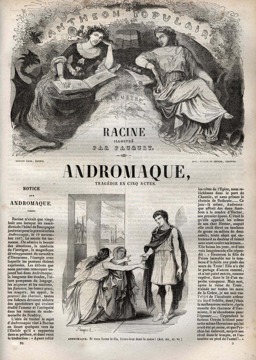 مأساة Andromaque في خمسة أعمال - نقش في "" Oeuvres de Jean Racine "" يوضحه Pauquet وإشعار Emile de La Bedolliere - 1851 بواسطة هيبوليت لويس باوكيه
