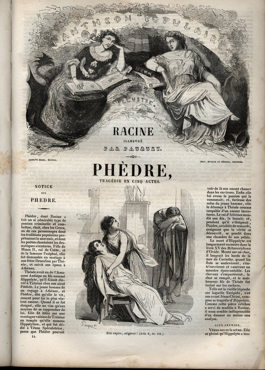 Phedre ، بواسطة Jean Racine (1639-1699 - نقش في "" أعمال جان راسين "" الذي رسمه بوكيه وإشعار بقلم إميل دي لا بيدوليير - 1851 بواسطة هيبوليت لويس باوكيه