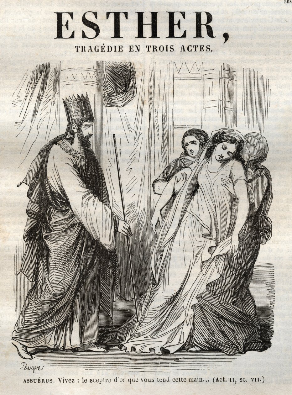 مشهد من إستير ، مأساة لجان راسين (1639-1699) - نقش في "" أعمال جان راسين "بتوضيح بوكيه وإشعار بقلم إميل دي لا بيدوليير - 1851 بواسطة هيبوليت لويس باوكيه