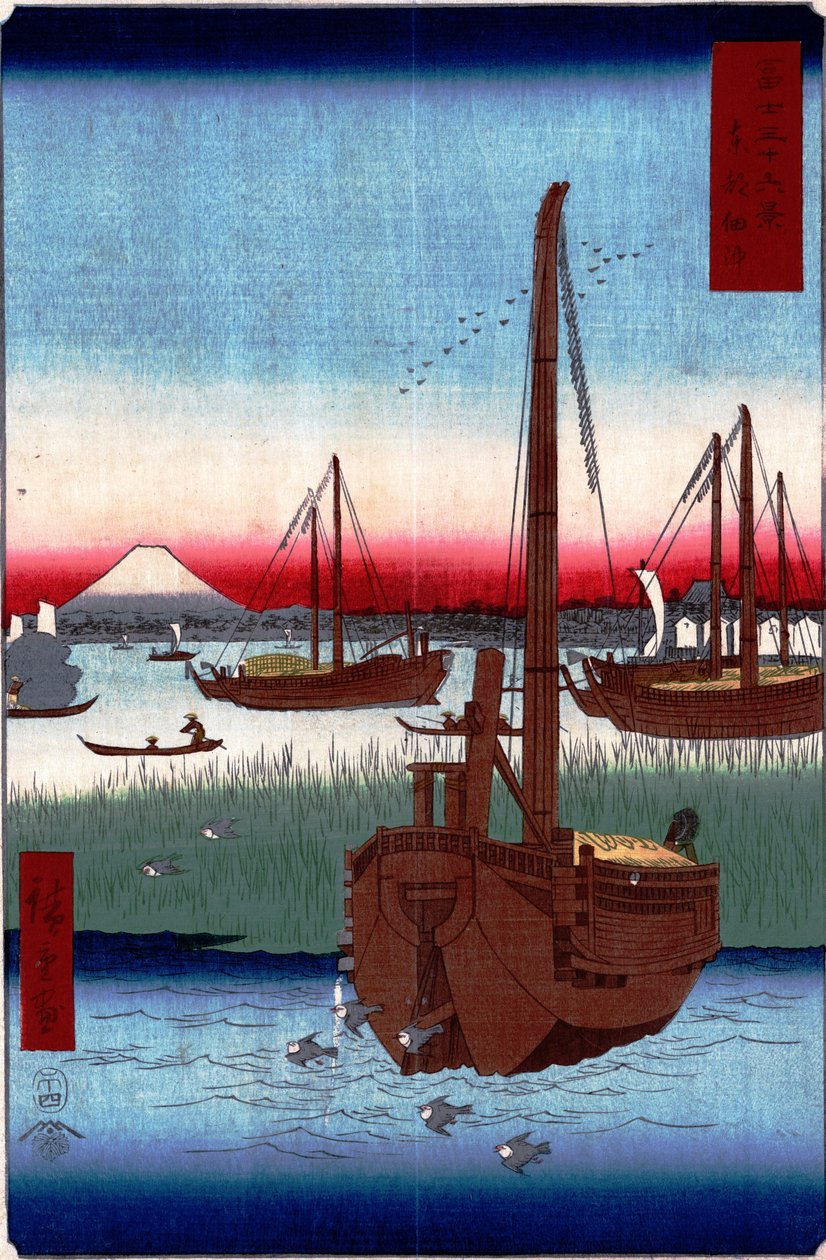 36 مناظر لفوجي سان  4. قبالة جزيرة تسوكودا بواسطة Utagawa Hiroshige