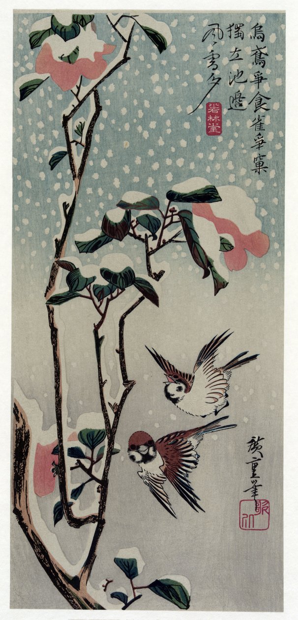 Secchu Tsubaki ni Suzume (العصافير والكاميليا في الثلج) بواسطة Utagawa Hiroshige