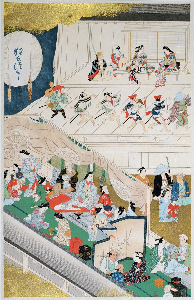 مشهد المسرح الشعبي الياباني خلال فترة Genroku (1688-1704) ، صورة توضيحية من مجلة "Kokka" ، أغسطس 1908 بواسطة هيشيكاوا مورونوبو