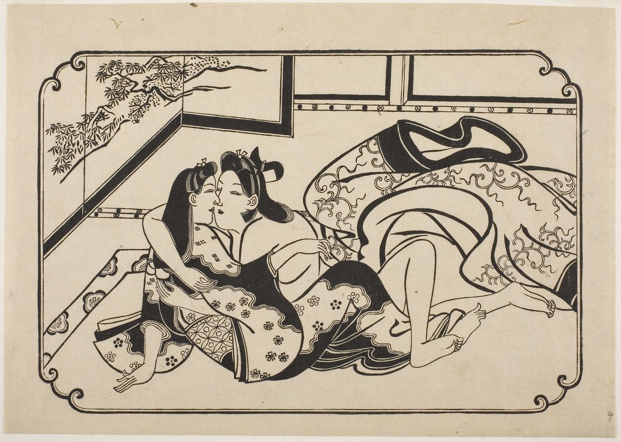 Flirting Lovers، c.1673-81 (طباعة خشبية) بواسطة هيشيكاوا مورونوبو