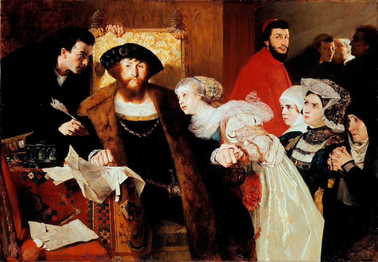 "" الملك كريستيان الثاني ملك الدنمارك (1481-1559) يوقع مذكرة إعدام توربين أوكس في عام 1517 "(كريستيان الثاني يوقع مذكرة إعدام ثور توربين) لوحة لإيليف بيترسن (1852-1928) - 1876 - زيت على قماش - قاتمة 141.5x200 سم المتحف الوطني أ بواسطة هجالمر ايليف ايمانويل بيترسن