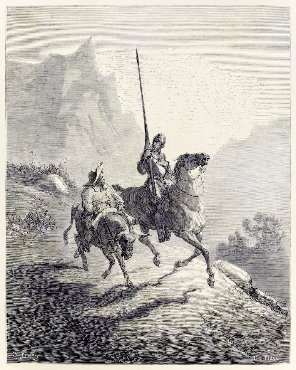 "Don Quixote و Sancho Setting Out" من "Don Quixote" لميغيل دي سيرفانتس (نقش) بواسطة هيليودور جوزيف بيسان