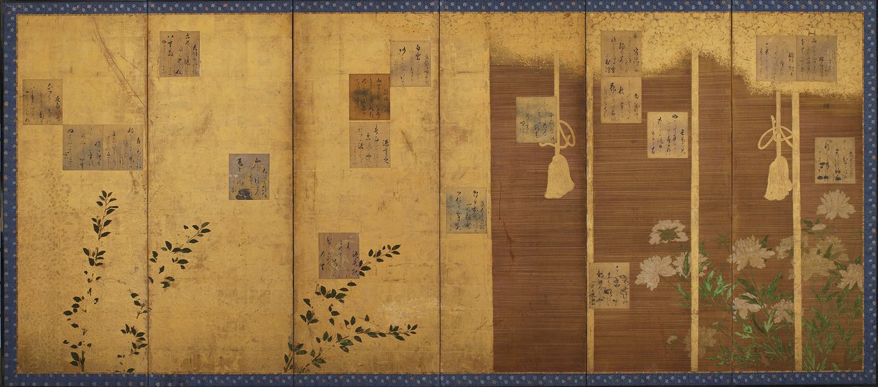 شاشات قابلة للطي مُثبتة بقصائد من المختارات ، شين كوكينشو ، فترة إيدو ، 1624-1637. بواسطة هونامي كويتسو