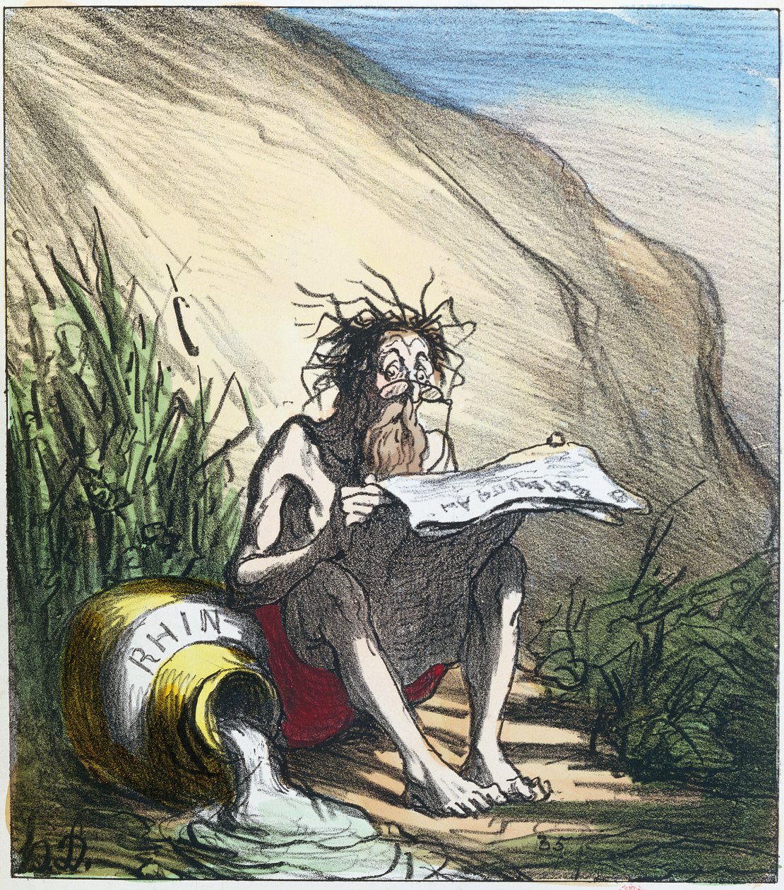 Diogenes (dc320 قبل الميلاد) قراءة صحيفة ، 1870 (الطباعة الحجرية الملونة) بواسطة الشرف دومييه