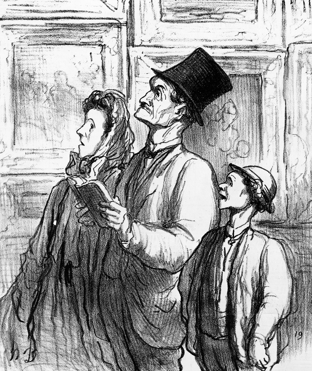 عائلة تزور صالون باريس عام 1863 وتعلق على لوحة "أولمبيا" لمانيه ، رسوم متحركة من مجلة "شاريفاري" ، 19 يونيو 1865 بواسطة الشرف دومييه