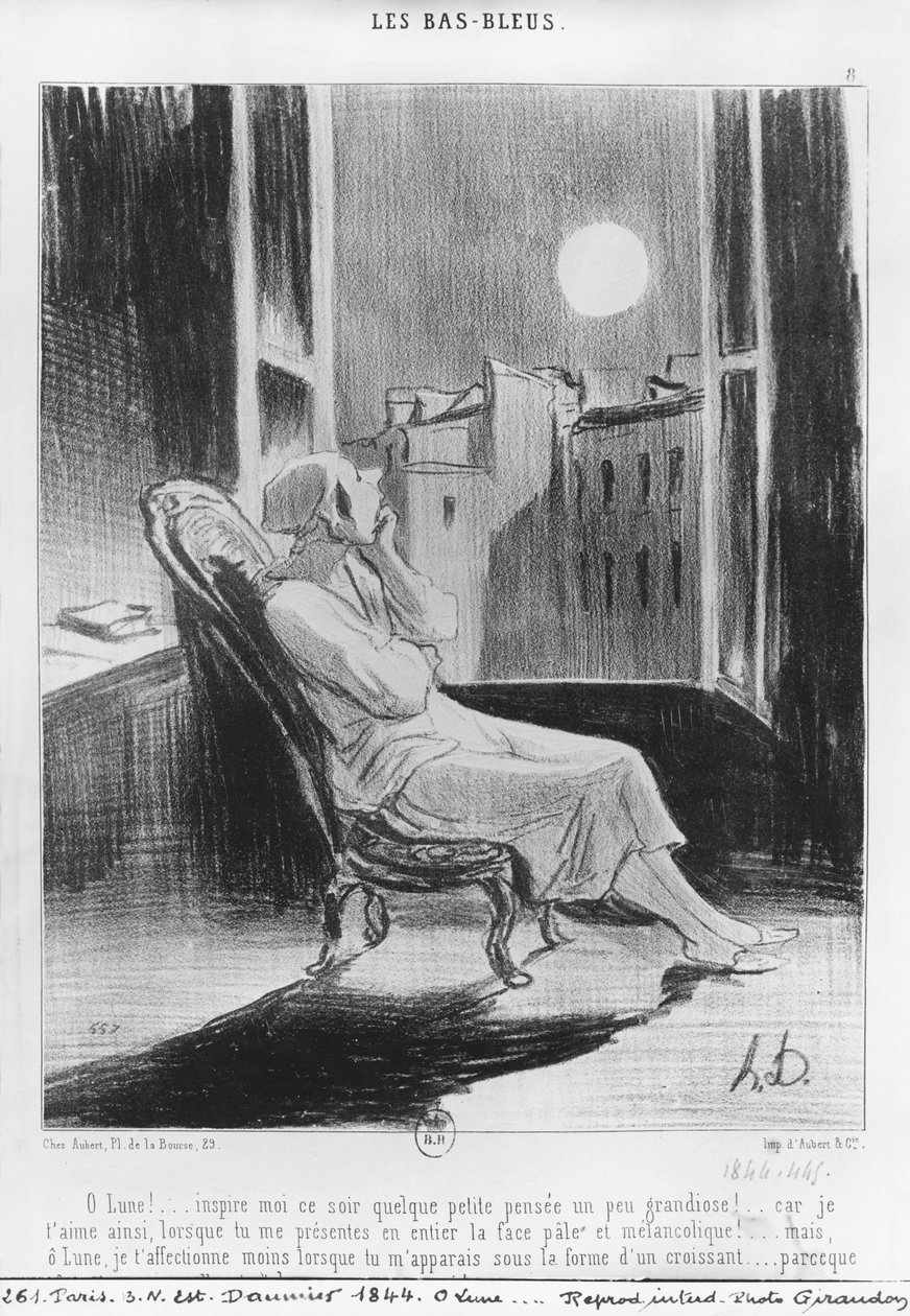 مسلسل "Les Bas-Bleus" ، O Moon! ... ، اللوحة 8 ، رسم توضيحي من "Le Charivari" ، 28 فبراير 1844 بواسطة الشرف دومييه