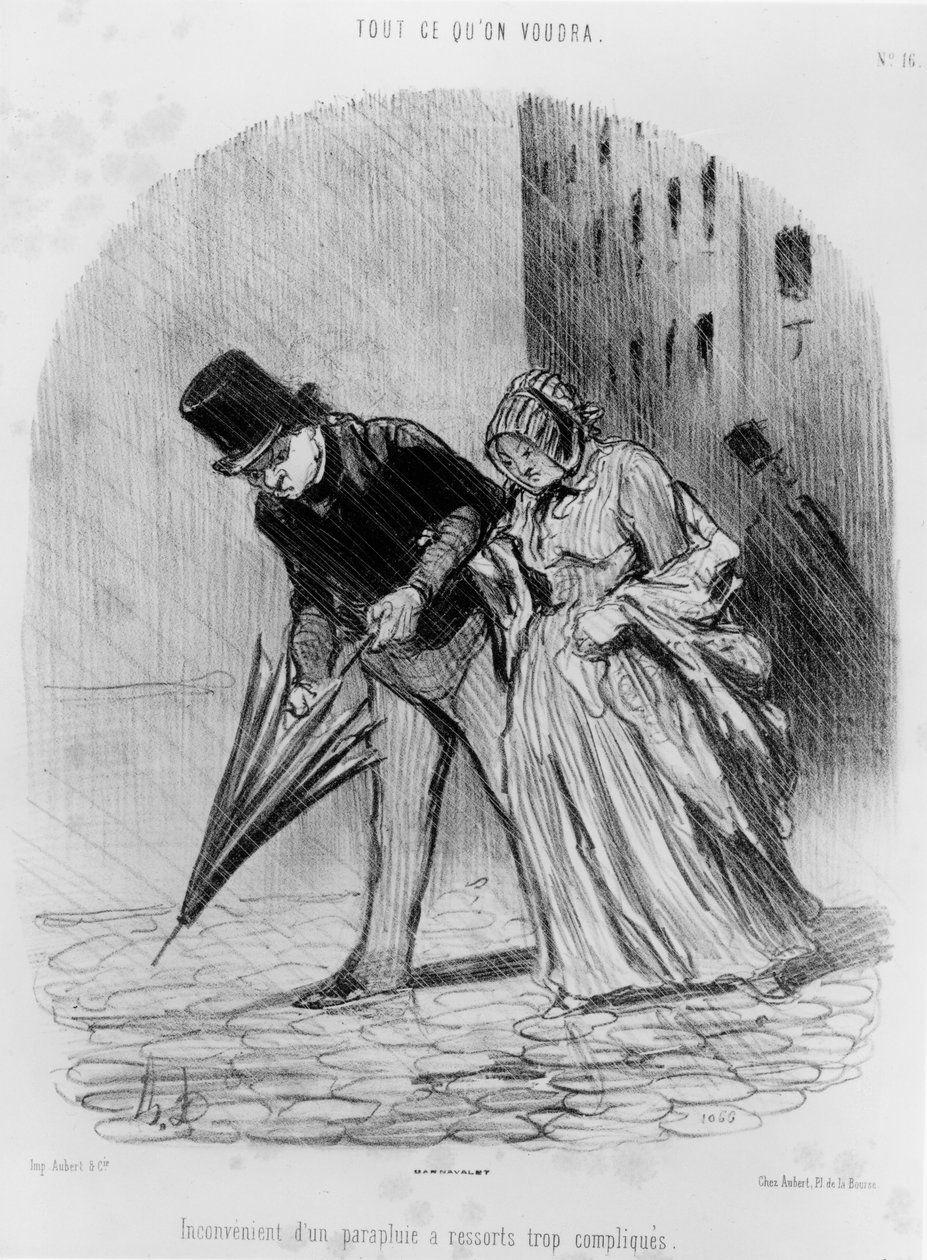 سلسلة "Tout ce qu&39;on voudra" ، عيب وجود مظلة مع نظام نابض معقد ، اللوحة 16 ، 1847 بواسطة الشرف دومييه