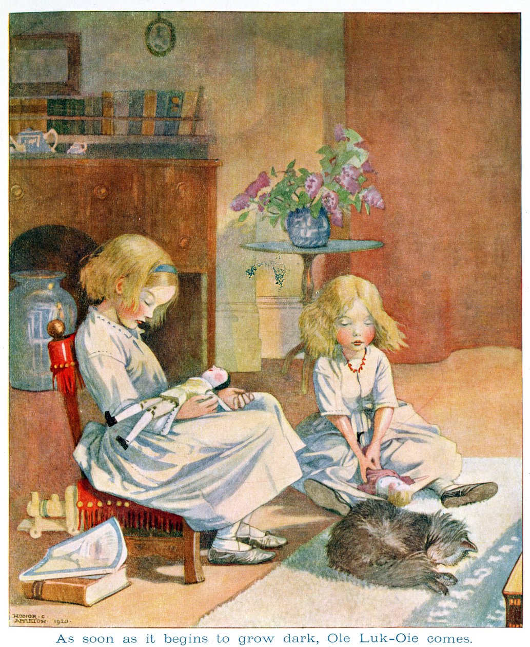 بمجرد أن يبدأ الظلام ، من "Ole Luk-Oie" في إصدار "Fairy Tales" لهانس كريستيان أندرسن (1805-1875) 1920 (ألوان مائية على الورق) بواسطة شرف شارلوت أبليتون
