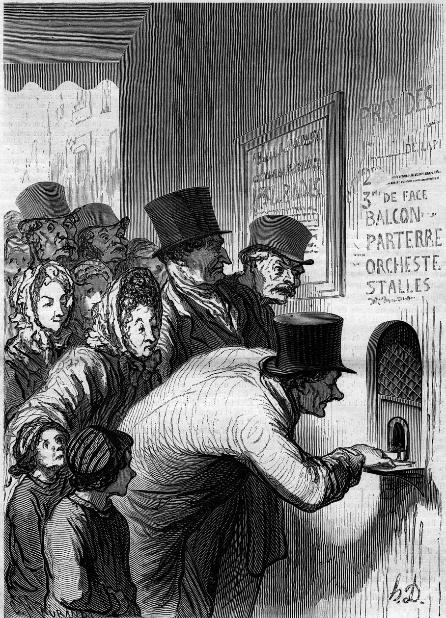 نافذة المسرح. كارتون من قبل هونور دومير (1808-1879). نقش في "" Le Monde Illustré "" رقم 269 بتاريخ 7 يونيو 1862. بواسطة الشرف دومييه