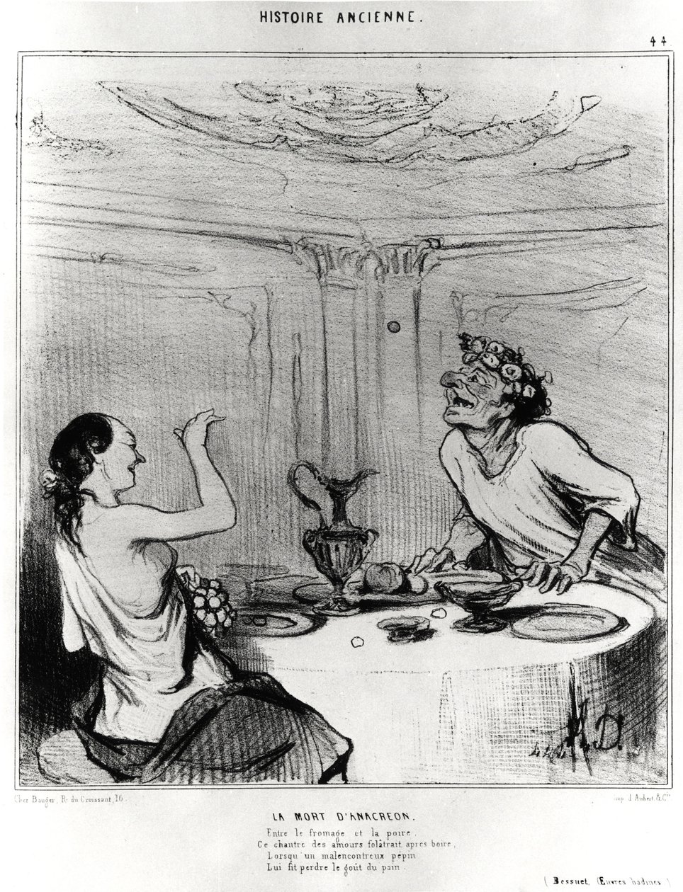 التاريخ القديم: وفاة Anacreon ، رسم كاريكاتوري لتوضيح مقتطفات من أعمال بادين لجاك بينيني (جاك بينيني) بوسيه (1627-1704): "بين الجبن والكمثرى ، هذا المغني من الحب فولاتر بعد الشرب ، عندما Pepepei مؤسف بواسطة الشرف دومييه