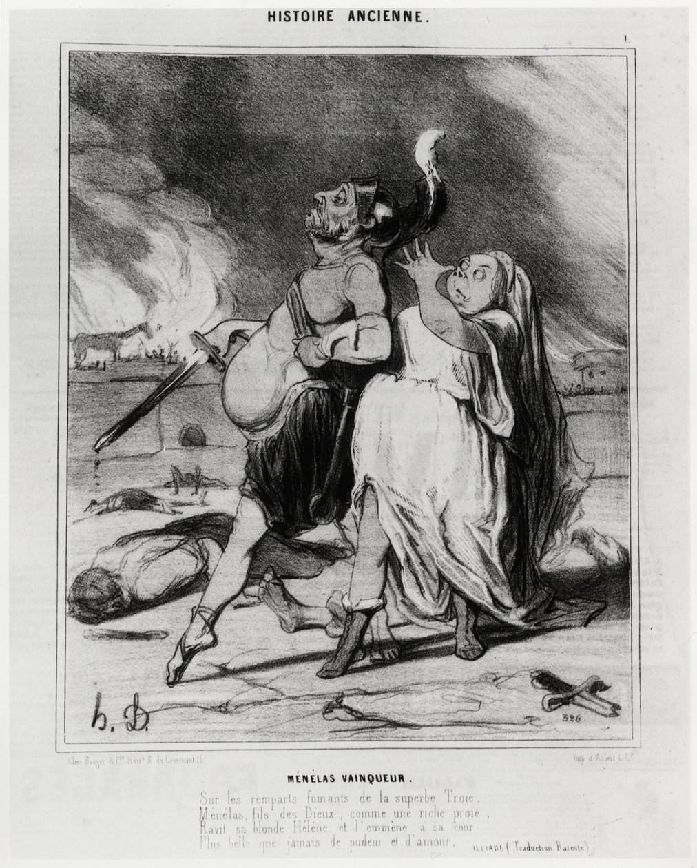 القصة القديمة: الفائز في مينيلاس ، رسم كاريكاتوري لتوضيح مقتطف من إلياذة هومير: "على الأسوار الدخانية لطروادة الرائعة ، مينيلاس ، ابن الآلهة ، مثل فريسة غنية ، يسحر هيلين الشقراء ويأخذها إلى بلاطها المزيد أجمل من إيف بواسطة الشرف دومييه