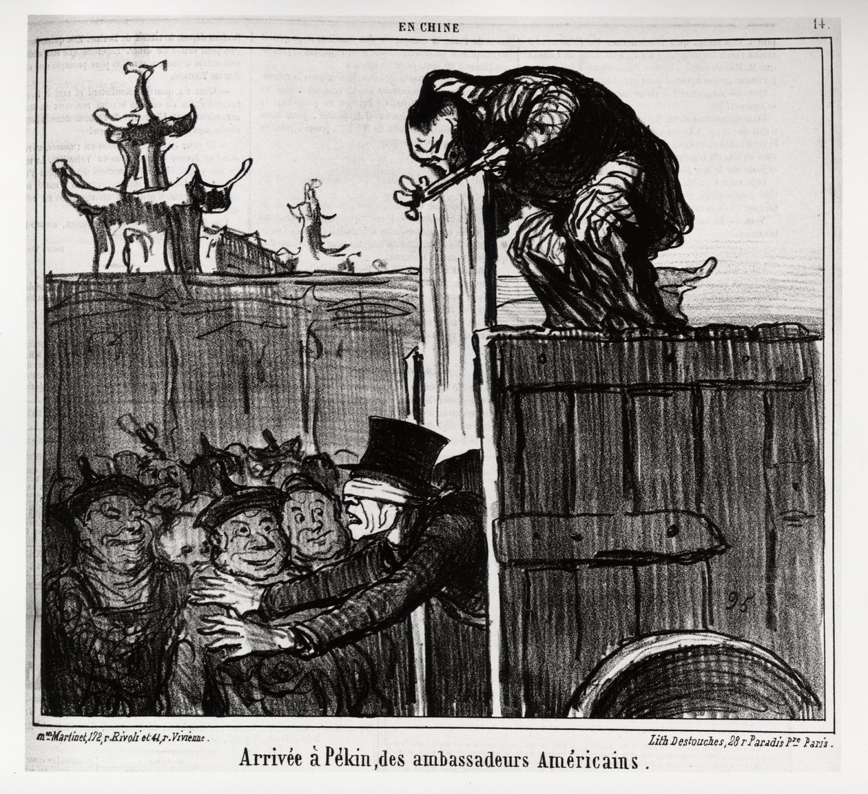 وصل إلى بيكين السفراء الأمريكيون. في سلسلة En Chine ، رسم إيضاحي من قبل Honore Daumier (1808-1879) ، نُشر في "" Charivari "، بتاريخ ١٣ أكتوبر ١٨٥٩. بواسطة الشرف دومييه