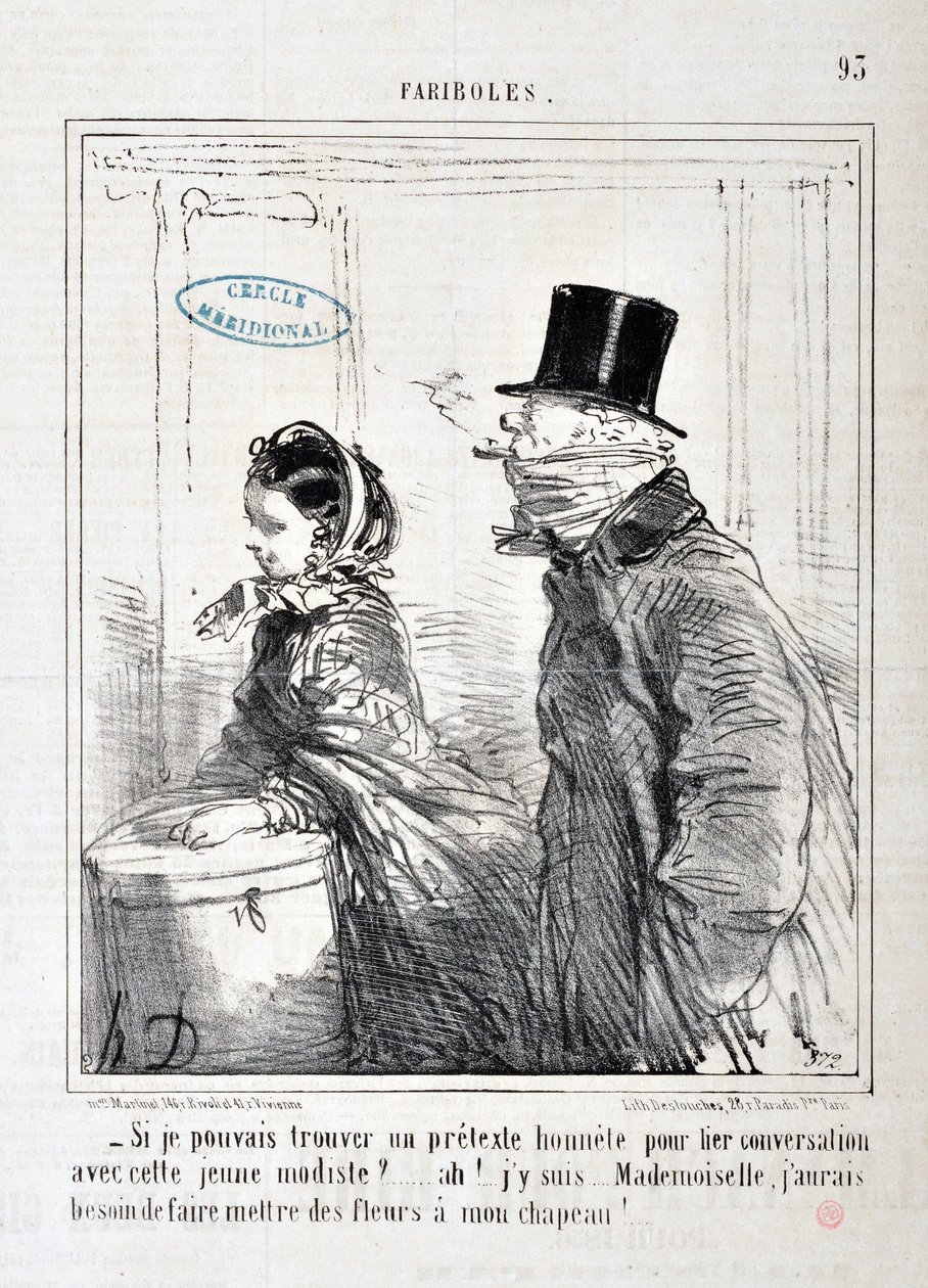 العمل الفني لـ Honore Daumier (1808-1879) Charivari: Serie FARIBOLES "" - يمكن أن تجد ذريعة صادقة لربط المحادثة مع هذا النموذج الشاب؟ ... آه! أنا هنا ... آنسة ، أحتاج إلى وضع الزهور على قبعتي! " متحف الفنون الجميلة - قصر لونج تشامب ، مارسييل بواسطة الشرف دومييه