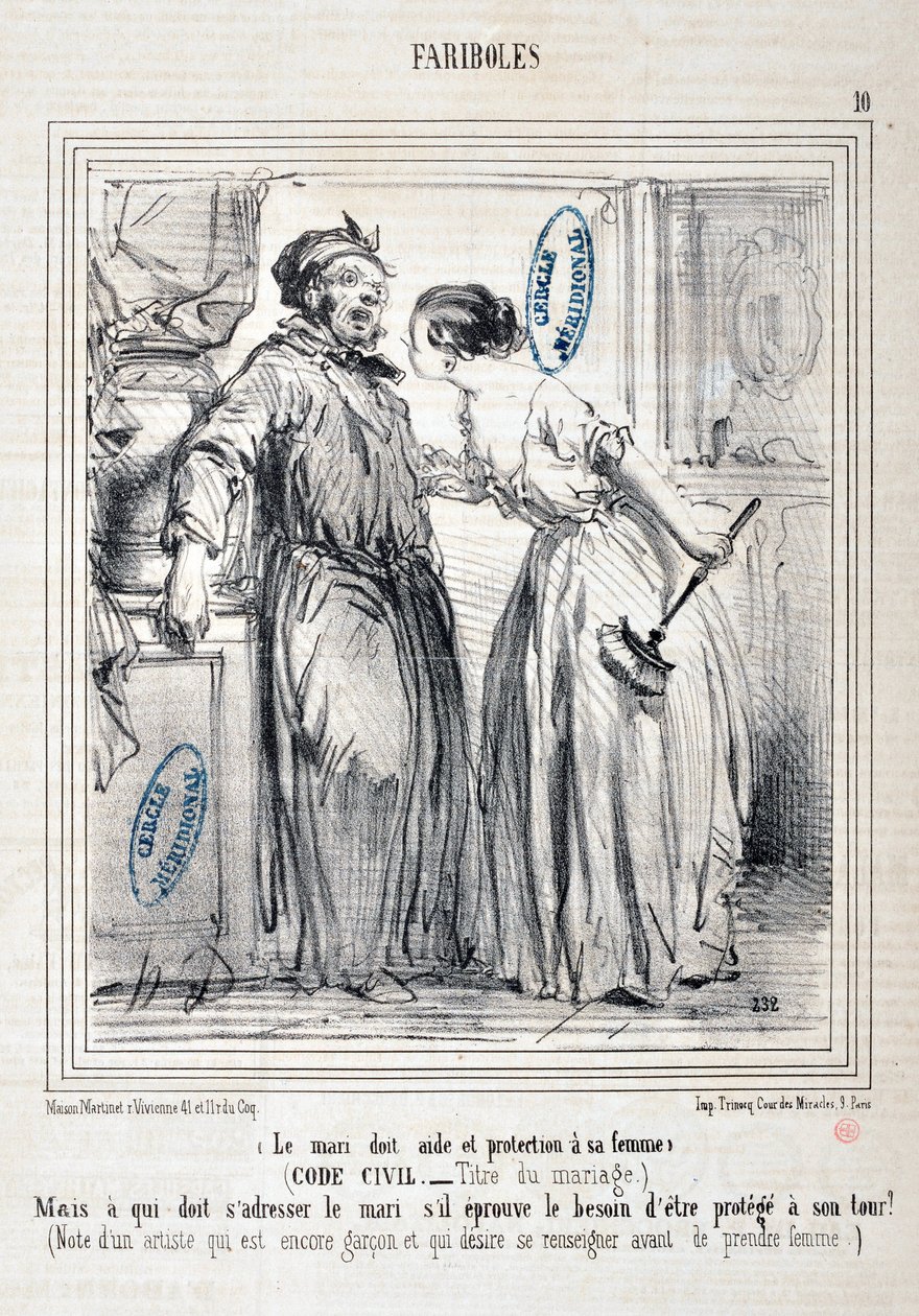 عمل فني من قبل Honore Daumier (1808-1879) Charivari: Serie FARIBOLES Le mari doit aide et protection a sa femme (القانون المدني - Title du mariage) "" - ولكن من يجب أن يخاطب الزوج إذا شعر بالحاجة إلى الحماية بدوره؟ (ملاحظة من قبل فنان لا يزال بواسطة الشرف دومييه