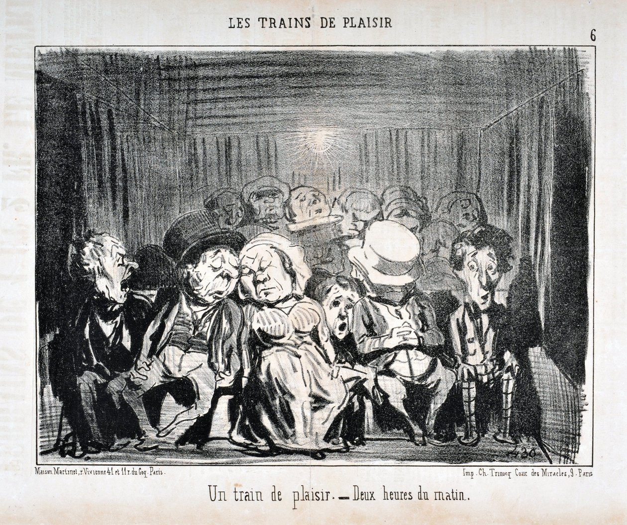 العمل الفني من قبل Honore Daumier (1808-1879) يعود تاريخ Charivari إلى 1852: Serie LES TRAINS DE PLAISIR - قطار من المتعة. - الثانية صباحا. متحف الفنون الجميلة - قصر لونغ تشامب ، مارسيلي بواسطة الشرف دومييه