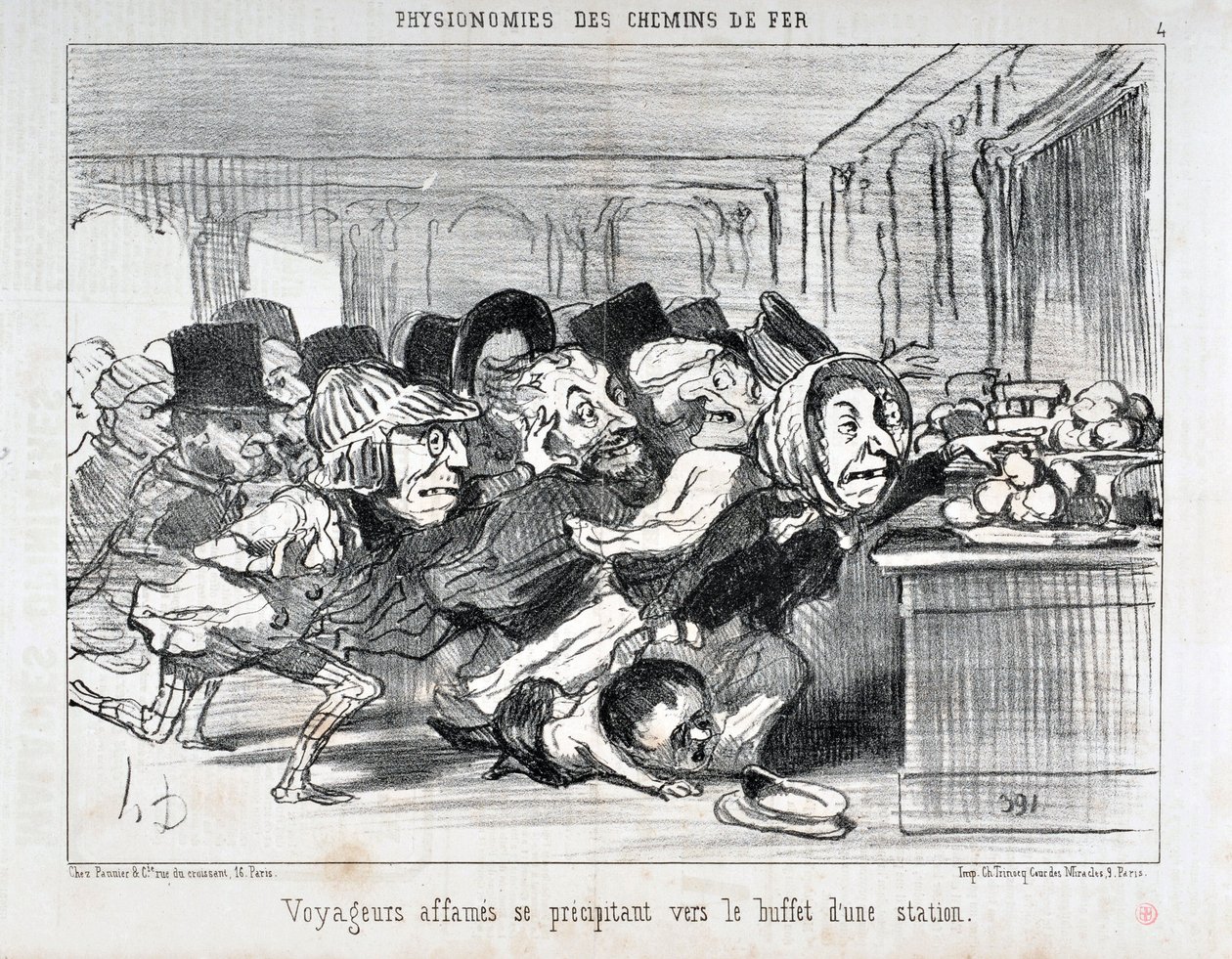 العمل الفني من قبل Honore Daumier (1808-1879) يعود تاريخ Charivari إلى 1852: Serie PHYONOMIES DES CHAIN DE FERR مسافرون جائعون يندفعون إلى بوفيه محطة MUSEE DES BEAUX ARTS - PALAIS LONGCHAMP ، مرسيل بواسطة الشرف دومييه