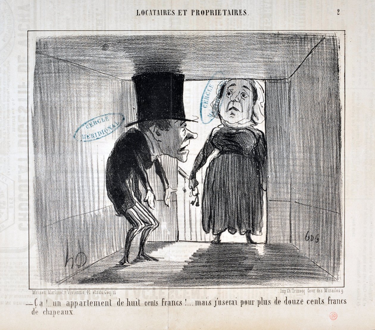 العمل الفني لـ Honore Daumier (1808-1879) يعود تاريخ Charivari إلى عام 1854: Serie TENNIQUES AND OWNERS "" Ca! ... شقة بثمانمائة فرنك! ... لكنني سأستخدمها بأكثر من 1200 فرنك من القبعات "" MUSEE فنون DES BEAUX - PALAIS LONGCHAMP، MARSEIL بواسطة الشرف دومييه