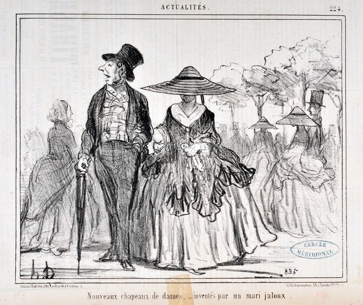 عمل فني من قبل Honore Daumier (1808-1879) يعود تاريخ Charivari إلى عام 1855: قبعات السيدات الجديدة "" ، اخترعها زوج غيور "" MUSEE DES BEAUX ARTS - PALAIS LONGCHAMP ، MARSEILLE بواسطة الشرف دومييه
