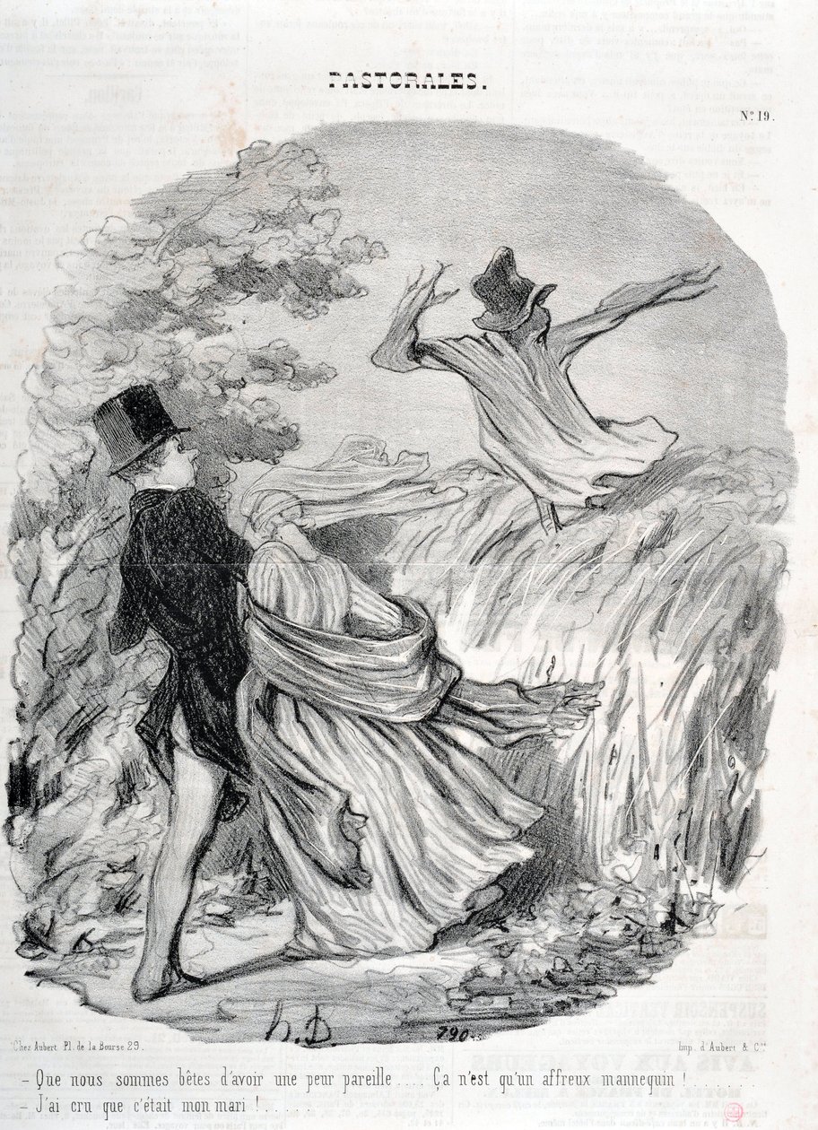 عمل فني من قبل هونور دومير (1808-1879). يعود تاريخ Charivari إلى عام 1845: Serie PASTORALES "" كم هو جيد أن يكون لدينا مثل هذا الخوف ... "اعتقدت أنه زوجي!" متحف الفنون الجميلة - قصر لونغ تشامب ، مارسيلي بواسطة الشرف دومييه